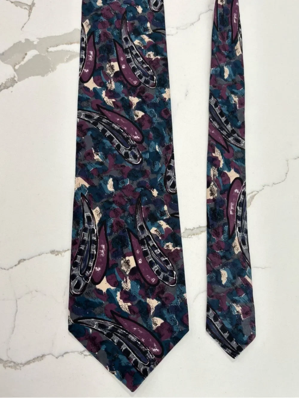 Vintage Kuppenheimer Premier Teal Blue Purple Paisley Abstract Pattern Silk Tie